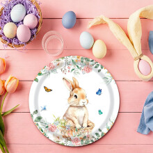 Easter Themed Disposable Party Tableware Set – Spring Flower & Bunny Design Plates, Cups, Napkins, Forks, Spoons – Compatible with Birthday &