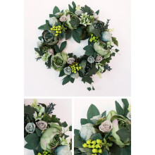 Peony Wreath Summer Wreath 13Inch Artificial Rose Floral Twig Silk Lvy Wall Decoration for Front Door with Green Leaves