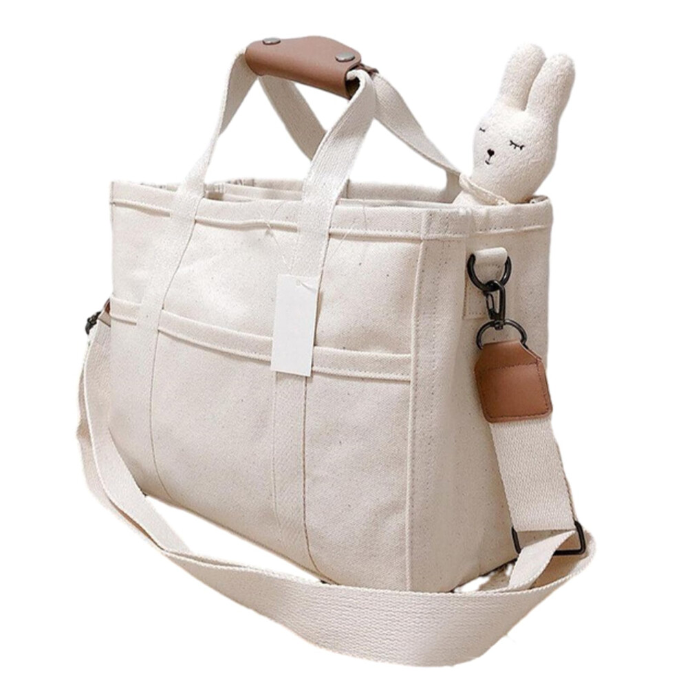 Diaper Bag Tote Large Capacity Canvas Nappy Bag White, Shoulder Bucket Bag, Baby Travel Bag, Adjustable Shoulder Strap