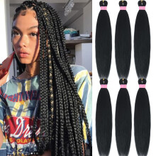 Pre Stretched Braiding Hair 26 Inch Ombre Synthetic Yaki, Hot Water Styling, 6 Pcs Black
