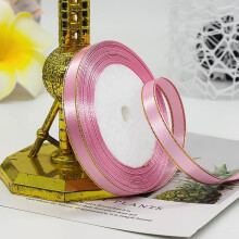 Pink Satin Ribbon with Gold Edge, 3/8” Polyester, 25 Yards – for Gift Wrapping, Wedding, Bows, Bouquet & Crafts