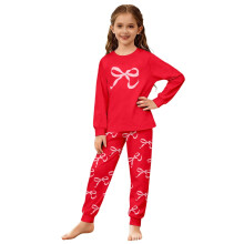 Flickkläder Set, 2-delat hemkläder Set för barn, rosetttryck, långärmad topp med rund hals och knytband, åldrar 3-14 år, trendig outfit