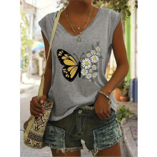 Damlinne med V-ringning och kortärmad design – Butterfly & Daisy-grafik, Grön, M