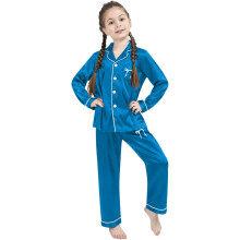Långärmad byxset för flickor, tvådelade outfits, siden-satin, rosetttryck, knäppt krage, skjortor för flickor, hemkläder för barn 3-14 år,