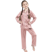 Långärmade byxor set flickor tvådelade outfits siden satin rosett tryck knäppt krage skjortor flickor hemkläder barn 3-14 år fritidsoutfit