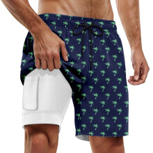 Heren 2-in-1 sportshorts met binnenbroekje, sneldrogend, geschikt voor de zomer, casual workout, sportschool en strand, met zakken, Hawaii-print en