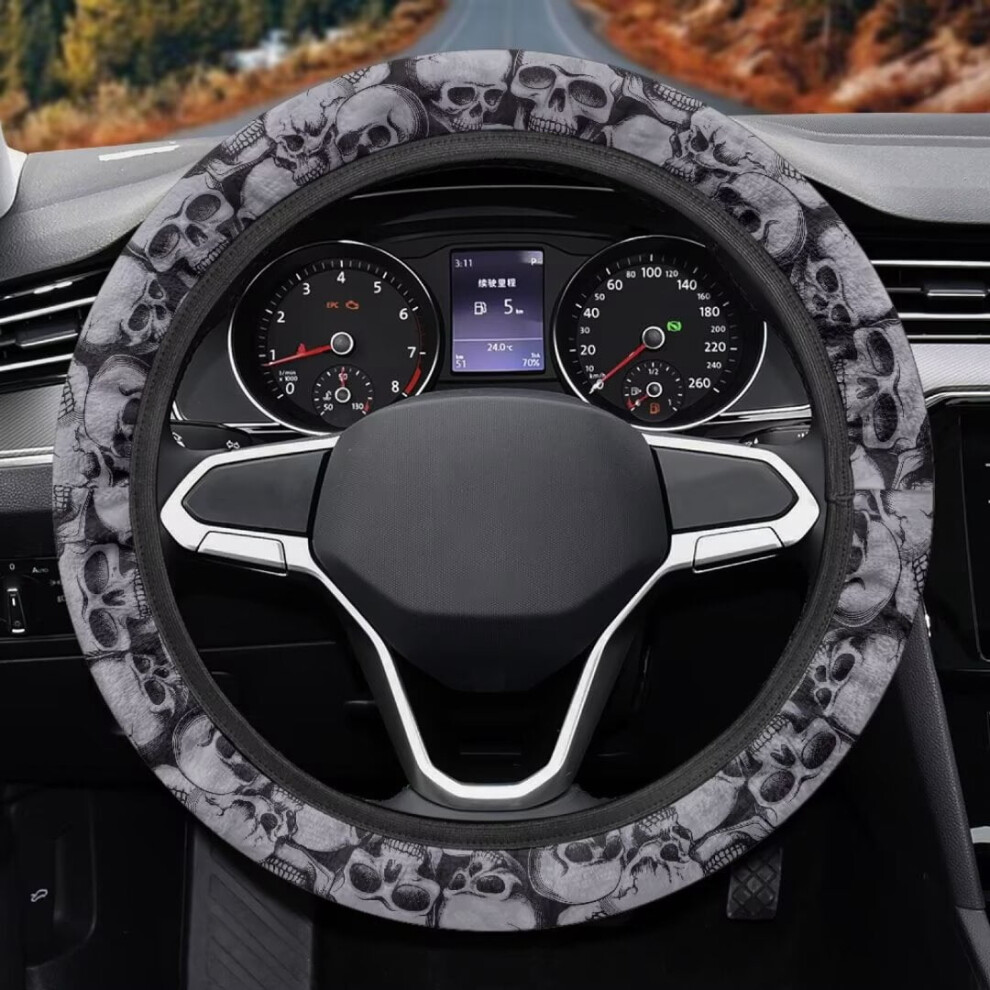 Skull Print Steering Wheel Cover, 15", Thick Soft Protector Compatible With Suv & Sedan Grey 9365509672716