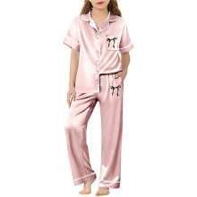 Kortärmat byxset för flickor, tvådelade outfits, siden-satin, rosetttryck, skjortor med knappar och krage, hemkläder för barn, 3-14 år, bekväm