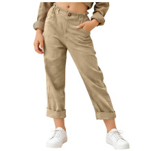 Khaki Capribukser til kvinder - Beskårne casualbukser med elastisk talje og lommer | Åndbare polyesterbukser med ankelrem til kvinder, størrelse