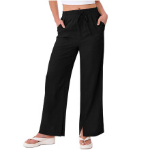 Svarte vide benbukser for dame - pustende linblanding, elastisk midje med lommer, store størrelser casual sommerbukser, størrelse 4XL