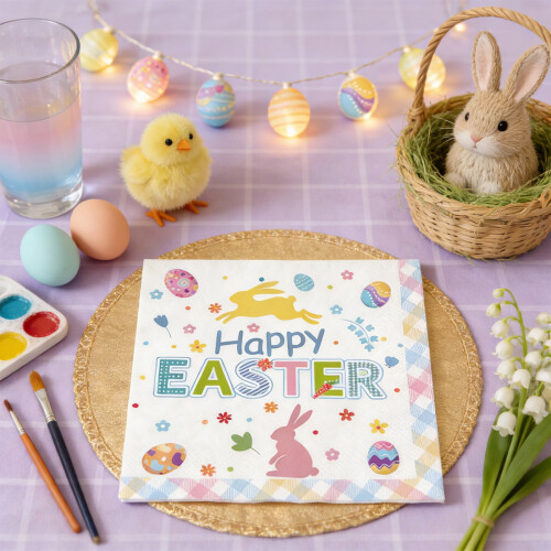 Easter Party Tableware Set – Colorful Durable Paper Plates with Bunny & Egg Pattern, Disposable Dinnerware, Compatible with Easter Decor