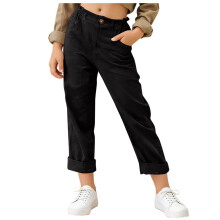 Dame Capribukser - Sorte cropped ankelbukser med elastisk talje og lommer | Lette, afslappede pull-on-bukser til kvinder, størrelse 11-12T