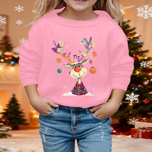 Kids Christmas pullover reindeer print round neck long 1