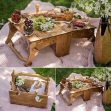 Hopfällbar picknickkorg i trä för utomhusbruk, bärbart picknickbord för vin, 2-i-1 picknickbord, konvertibel förvaringskorg i trä, kompatibe
