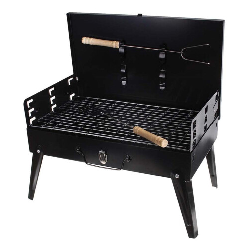 Portable BBQ Grill with Adjustable Height, Windshield Baffle and Foldable Design for Camping
