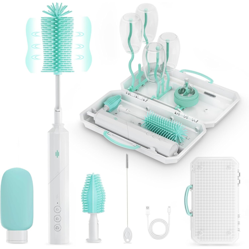 Electric Baby Bottle Brush Cleaning Kit, Rechargeable 3Speed with Drying Rack and Travel Case
