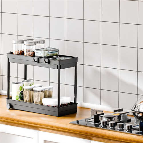 Kitchen Sink Shelf, 2 Tier Multi-Purpose Storage Shelf with Hook for Kitchen,Multi-Purpose Shelf with Rolling Case 2