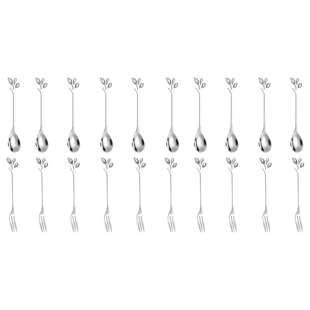 Semoic Silver 10Spoon+10Forks Stainless Steel Leaf Coffee Cake Spoon Fork Dessert Spoons, Stirring Teaspoon Set