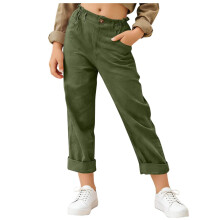 Women's Army Green Capri Pants Elastic Waist Cargo Pockets