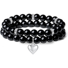 2Pcs Heart Crystal Bracelets for Women, 8mm Healing Love Charm Stretchable Beaded Jewelry, Natural Stone Gift