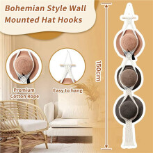 Macrame Hoedenrek voor Hanger Wanddisplay, Bohe Mia Hoedenhouder voor Organizer Opslag Decoratieve Brede Rand Cap - 4Pack