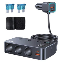 Adaptador de Carregador Veicular 9 em 1 para Acendedor de Cigarros, 226 W, com PD/QC 3.0, Cabo de 1 Metro e Interruptores Independentes de 12 V/24 V