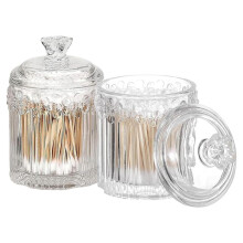 2pcs Glass Cute Jars with Lid Candy Jar Bathroom Canister Makeup Storage Organizer for Cotton Swabs, Balls (Clear)