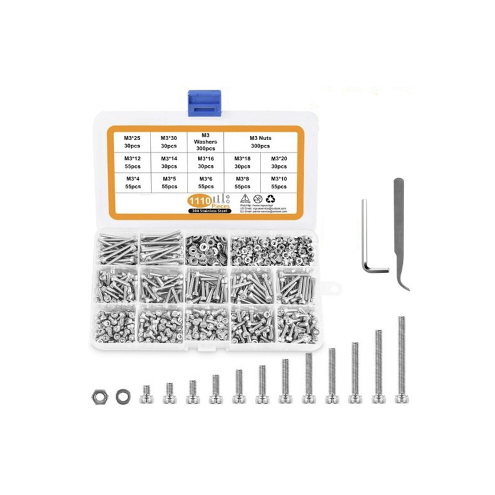 Photos - Nail / Screw / Fastener Jojomino M3 Stainless Steel Screws Nuts Washers Assortment Kit with Hex Wrenches, 1100 Pcs Hex Socket Button Cap Screws