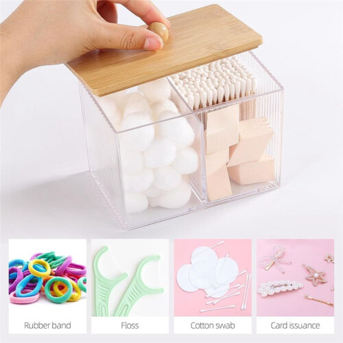 Qtip Holder with Bamboo Lids, 3 Compartments Cotton /Swabs Dispenser,Clear Plastic Bathroom Container 1
