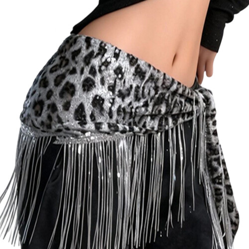 Leopards Print Dance Hip Wrap Skirt Glittering Sequins-Silver