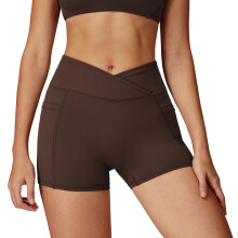 Women High Waist Belly Control Workout Shorts with 2-brown M
