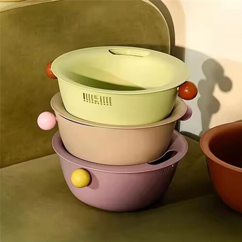 Multifunctional Double Layer Vegetable and Fruit Washing Basket,Cute Round Solid Color Design,Thickened for Durability C 1