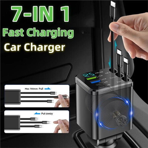 7-In-1 Retractable Car Charger with Digital Voltmeter USB+PD Port Fast Charging Cable 2 Type C 2