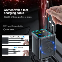 7 in 1 Retractable Car Charger with Roof Starry Lamp,4 USB+PD Phone Charger Fast Charging with Digital Voltmeter B