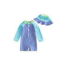 (18-24 Months, Blue) Baby Boy Rash Guard Swimsuits Contrast Color Stripes Print Long Sleeve Zip Up Bathing Suit with Sun Cap