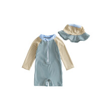 (0-3 Months, Dark Blue Green) Baby Boy Rash Guard Swimsuits Contrast Color Stripes Print Long Sleeve Zip Up Bathing Suit with Sun Cap