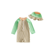 (6-12 Months, Khaki) Baby Boy Rash Guard Swimsuits Contrast Color Stripes Print Long Sleeve Zip Up Bathing Suit with Sun Cap