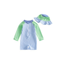 (3-6 Months, Sky Blue) Baby Boy Rash Guard Swimsuits Contrast Color Stripes Print Long Sleeve Zip Up Bathing Suit with Sun Cap