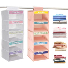 5-Shelf Weekly Clothes Organizer with 5 Side Pockets Hanging Closet Organizer with Labeled Days Hanging Storage Shelves A