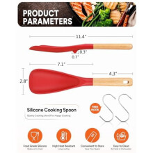 Nonstick Cooking Spoon Set – BPA-Free Matte Silicone, Wood Handle, 11.4", Red (2 Pack)