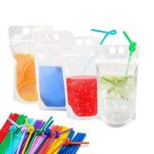 40 Pcs 16oz Drink Pouches with Straws, Heavy-Duty Reclosable Plastic Smoothie/Wine/Juice Pouches for Hot & Cold Drinks