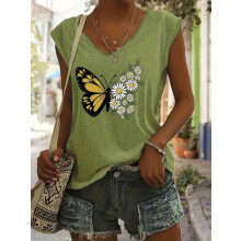 Dametop med V-hals og korte ærmer – sommert-shirt med sommermotiv og butterfly-motiv, grøn, XXL