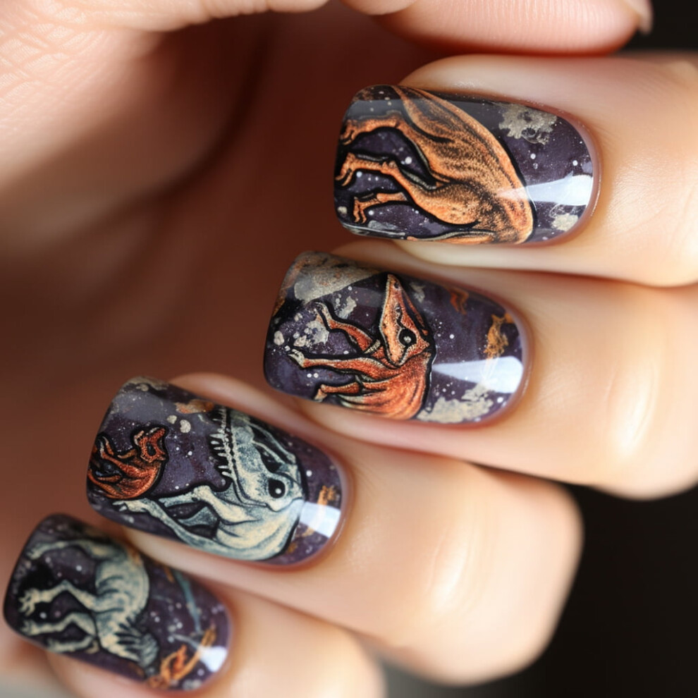 24Pcs Unique Glitters Dinosaur Nails Tips Press on Nails Manicure False Nails for Stylish Independence Day Celebrations