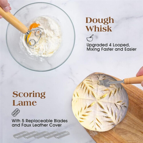 Bread Proofing Basket Set Trimming Knife Round Proofing Basket Egg Beater Dough Scraper Set 1