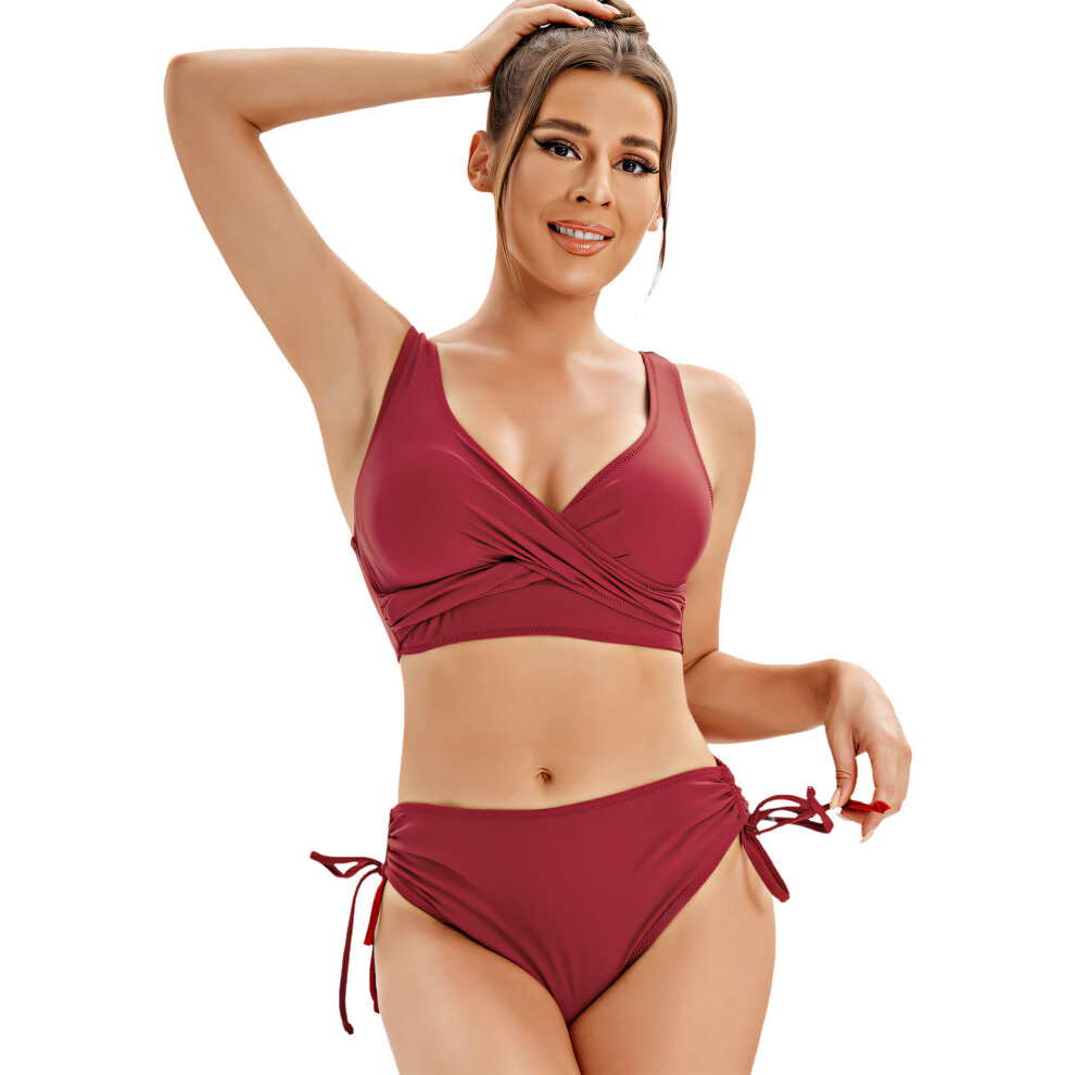 Women High Waist Belly Control Swimsuit Set with-Claret M