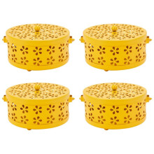 4X Nordic Retro Metal Hollow Floral Mosquito Coil Holder Garden Burner Mosquito Repellent Box(Yellow)