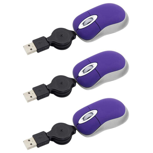 3X  USB Wired Mouse Retractable Tiny Small Mouse 1600 DPI Optical Compact Travel Mice