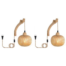 2X Retro Japanese Style Bamboo Bedside Wall Lamp Restaurant Rattan Lampmine Bedroom Background Wall Lamps US Plug-B