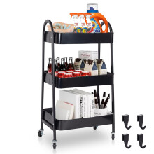 3 Tier Rolling Storage Cart with Lockable Wheels, 4 Hooks, SpaceSaving Metal Utility Organizer for Kitchen Bathroom Laundry (Black)