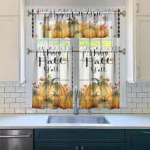 Fall Pumpkin Kitchen Curtains Set (54"x18" valance + 27"x36" tiers), Farmhouse Thanksgiving Harvest Decor, compatible with standard rods
